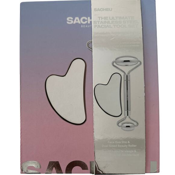 SACHEU Ultimate Stainless Steel Facial Tool Set – New In Box – Gua Sha + Roller - Picture 1 of 3